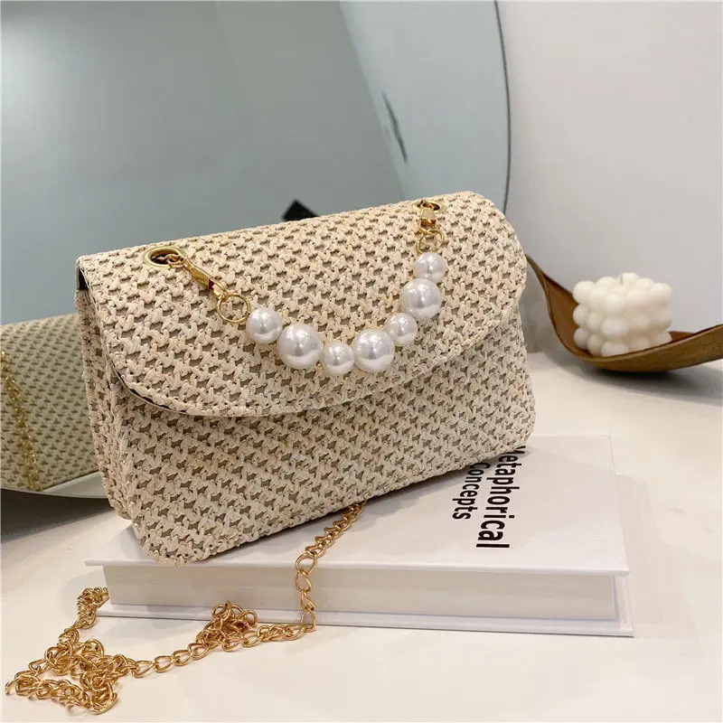

Crossbody Bag Shoulder Bag Female Designer Women Bag Handbag Purse Chain Straw Weave Beaded PU Leather Simple Fashion 2021 Beach