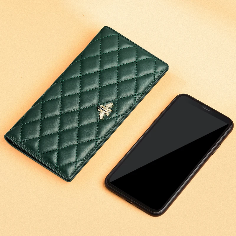 Модный кошелек из овчины RFID длинный женский ультра тонкий двойной держатель для