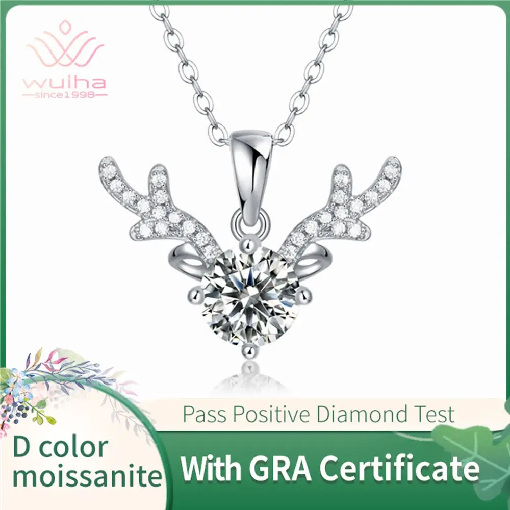 

WUIHA 100% 925 Sterling Silver Creative Elk 1CT VVS1 Real Moissanite Gemstone Wedding Cocktail Pendent Necklace Fine Jewelry GRA
