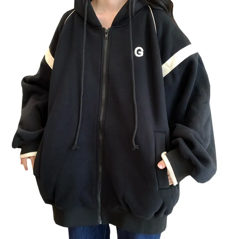 

Women Sweatshirt 2021 Winter Loose Plus Velvet Zipper Coat Stitching Harajuku Black White G Hoodies Female Casual Harbour Wind