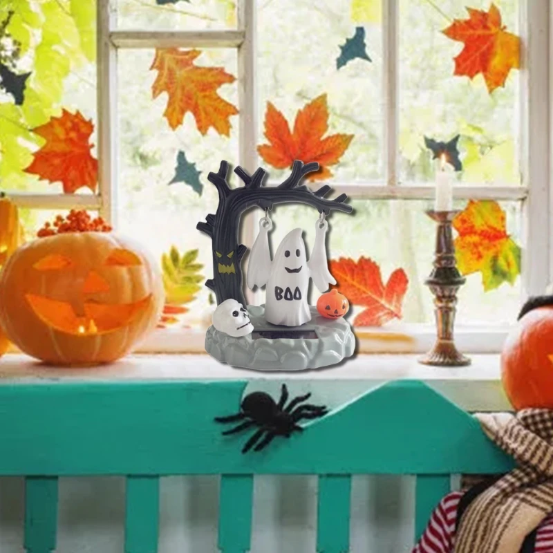 

H55A Halloween Solar Power Swing Ornament Ghost Pumpkin Skull Figurines for Halloween Outdoor Home Decoration Ornaments