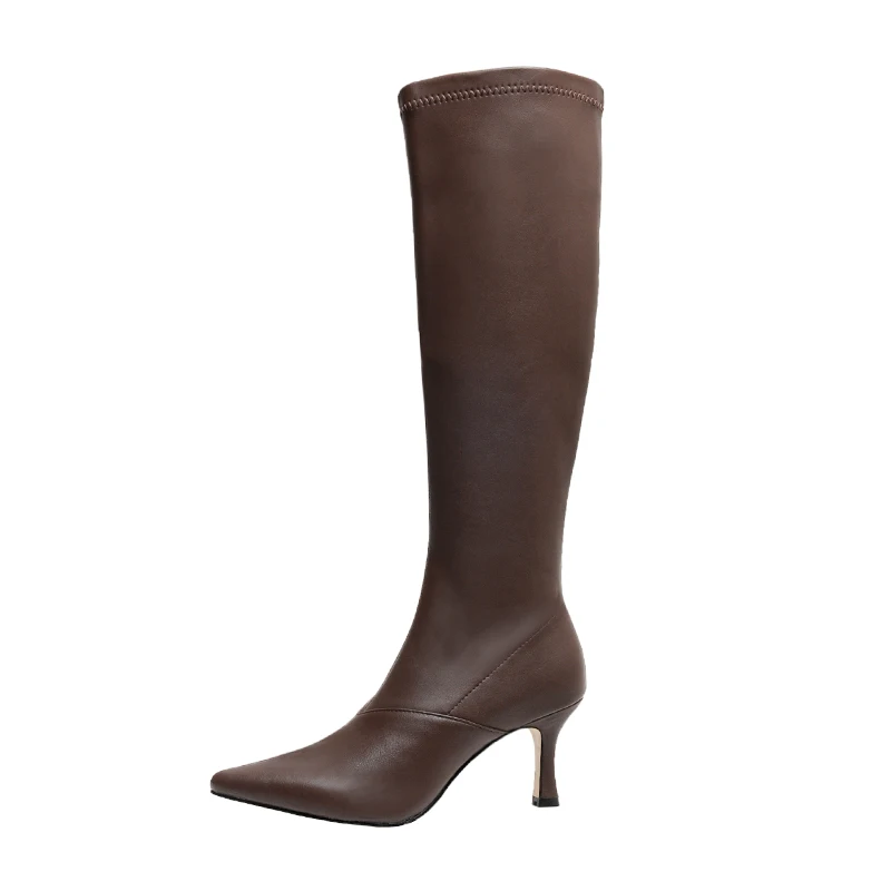 

SKLFGXZY knee boots Genuine leather black brown white Female boots 7cm High heels Women's shoes Women's boots Autumn and winter
