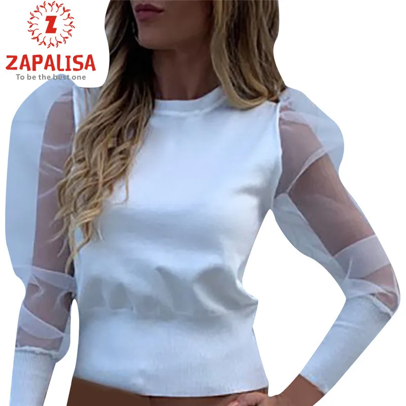 Сетчатые лоскутные сексуальные топы с пышными рукавами элегантные тонкие