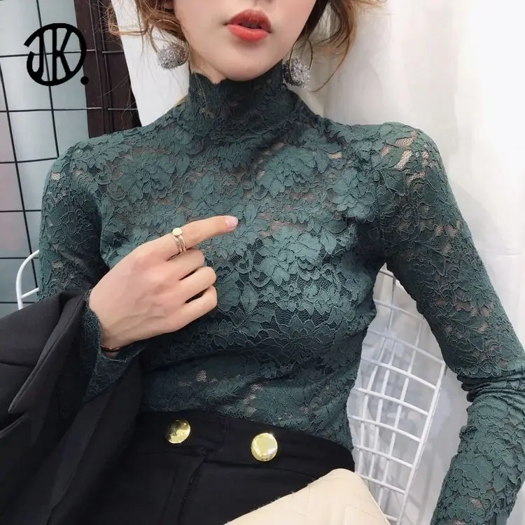 

New Ladies Pullover Half High Neck Slim Top Spring Long-sleeved T-shirt Feminine Hollow Lace Bottoming T Shirts Tees For Female