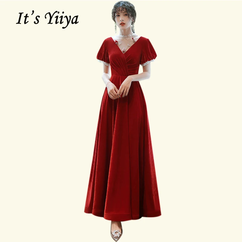 

Red Evening Dresses It's Yiiya BR495 Appliques Crystal Long Evening Gown Short Sleeve A Line Robe De Soiree Elegant Formal Dress
