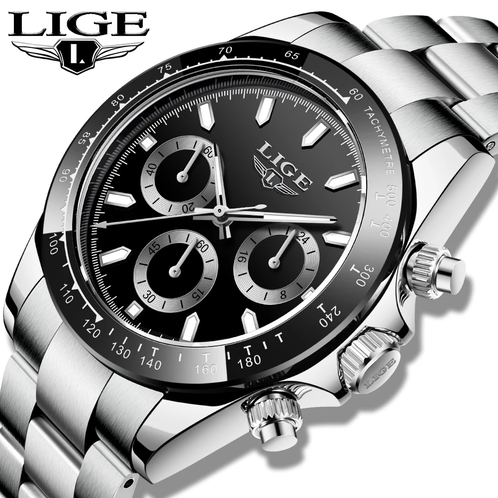 LIGE 2021 New Fashion Mens Watches Stainless Steel Top Brand Luxury Sports Chronograph Quartz Watch Men Relogio Masculino