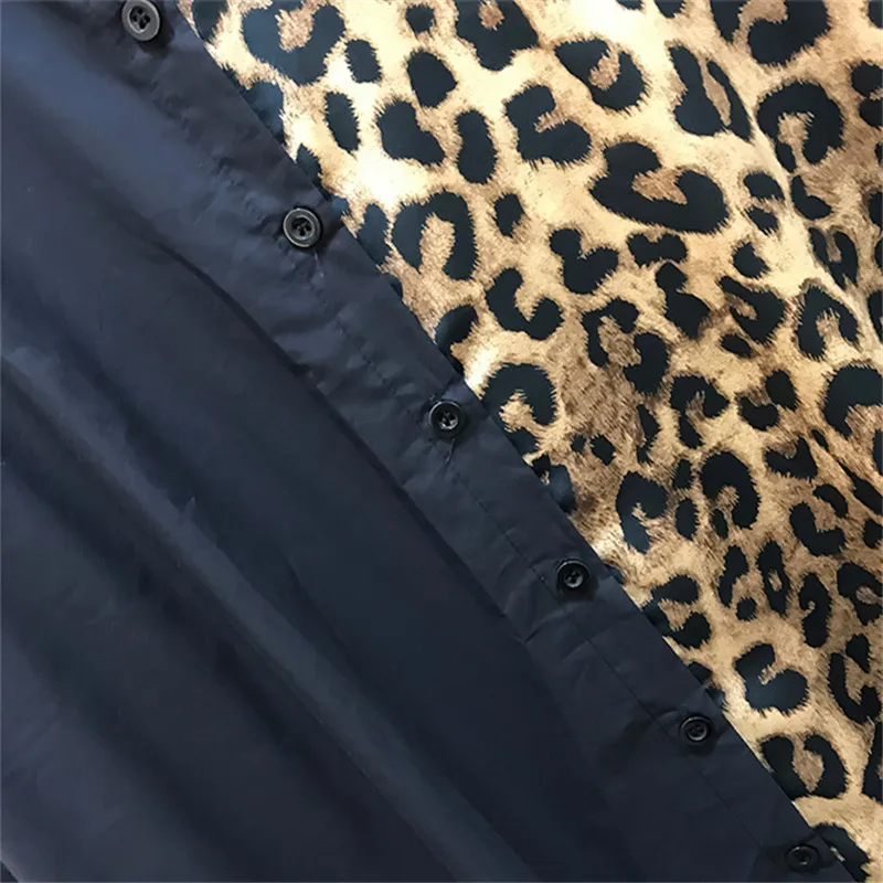 

Plus Size Women Shirt Dress Spring 2021 Fashion Leopard Print Patchwork Black Lace Lantern Sleeve Loose Casual Long Shirts H1365