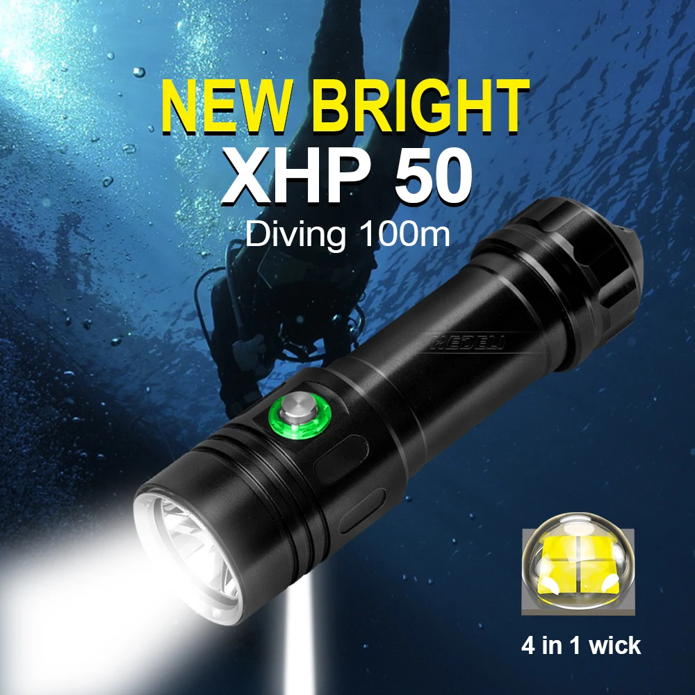 

Super Powerful Diving Flashlight 18650 26650 Underwater Hunting Hand Lantern XHP50 LED Mini Torch Rechargeable Waterproof Lamp