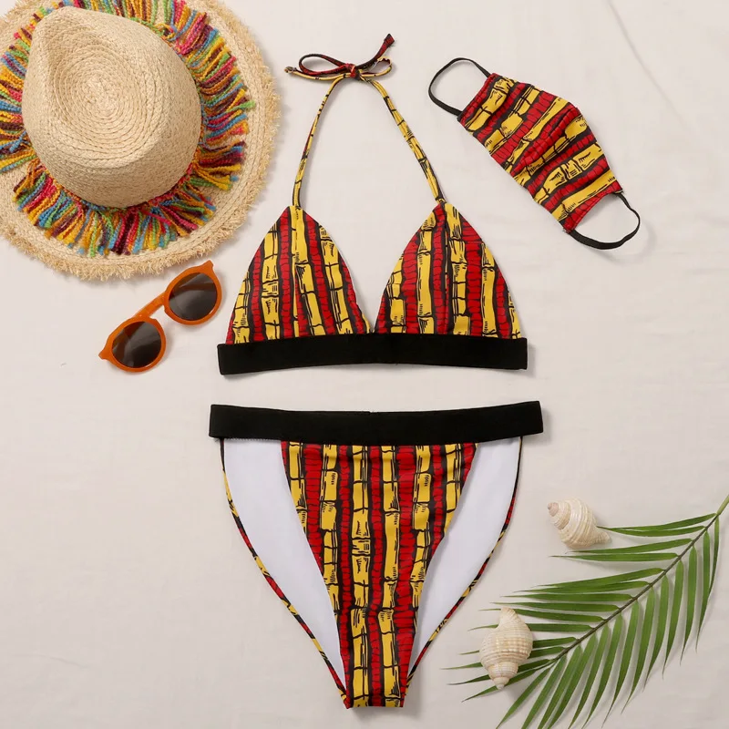 

2021 New Swimwear Sexy Backless Lace Up Printed Split Bikini Hot Spring Women's