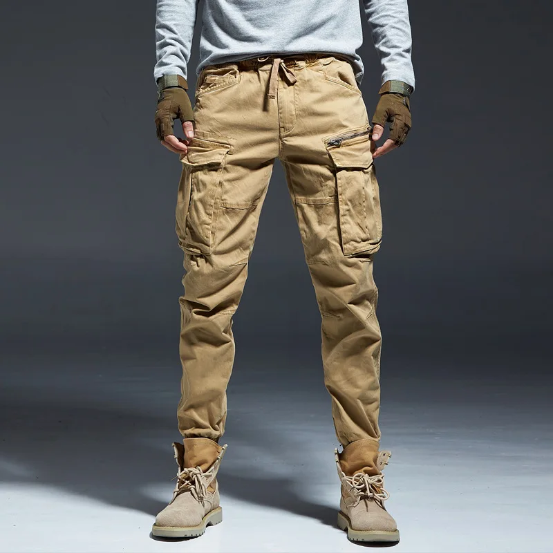 Брюки-карго мужские из денима, хлопковые прямые штаны с эластичным поясом, прямые тактические брюки в стиле милитари, для бега, зимние