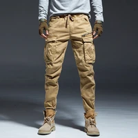 mens cargo pants men denim cotton pockets elastic jogging waist trousers military length winter straight thick tactical pants