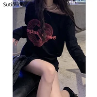 woman clothes print letter long sleeve top pearl chain strapless t shirt pink off shoulder top summer plus size women sexy tops