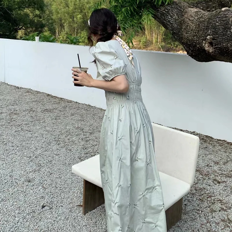 

GALCAUR Print Elegant Dress For Women O Neck Puff Short Sleeve High Waist Hit Color Dresses Female Summer Clothes 2021 New Style