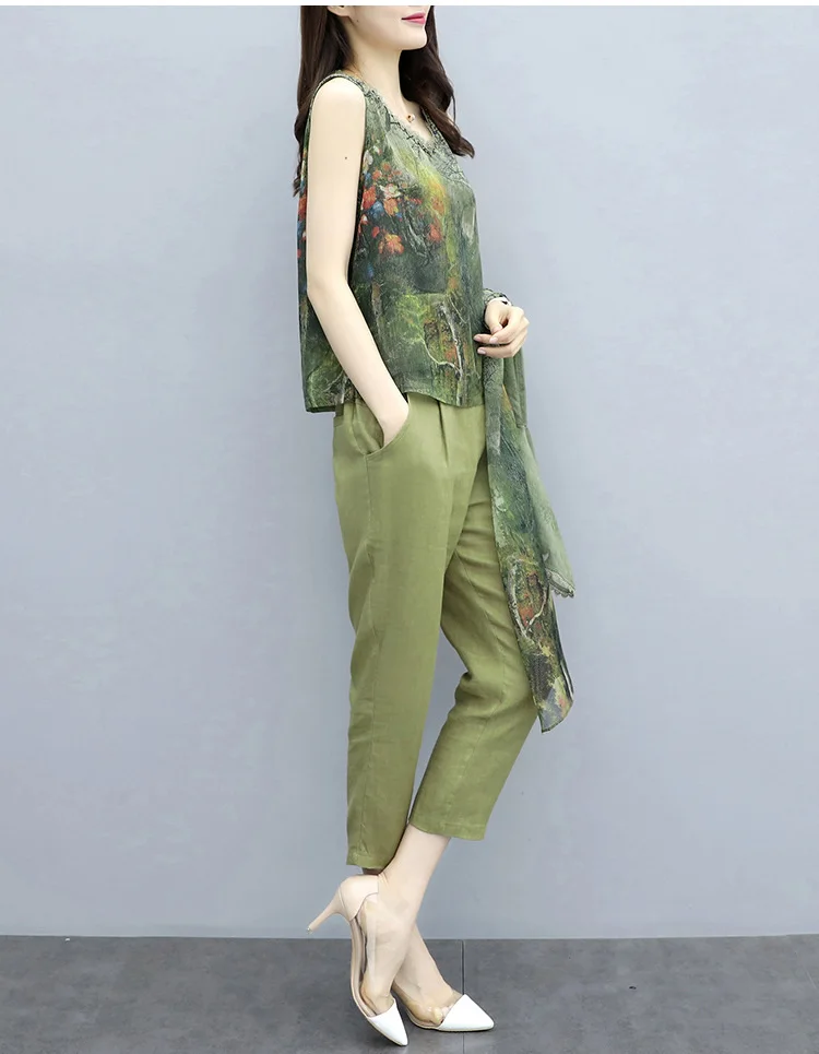 Летнее шифоновое платье зеленого цвета с принтом Комплект из 3 предметов Для