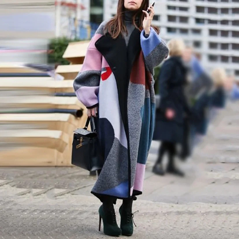 

Women's color-blocking lapel digital printing coat jacket