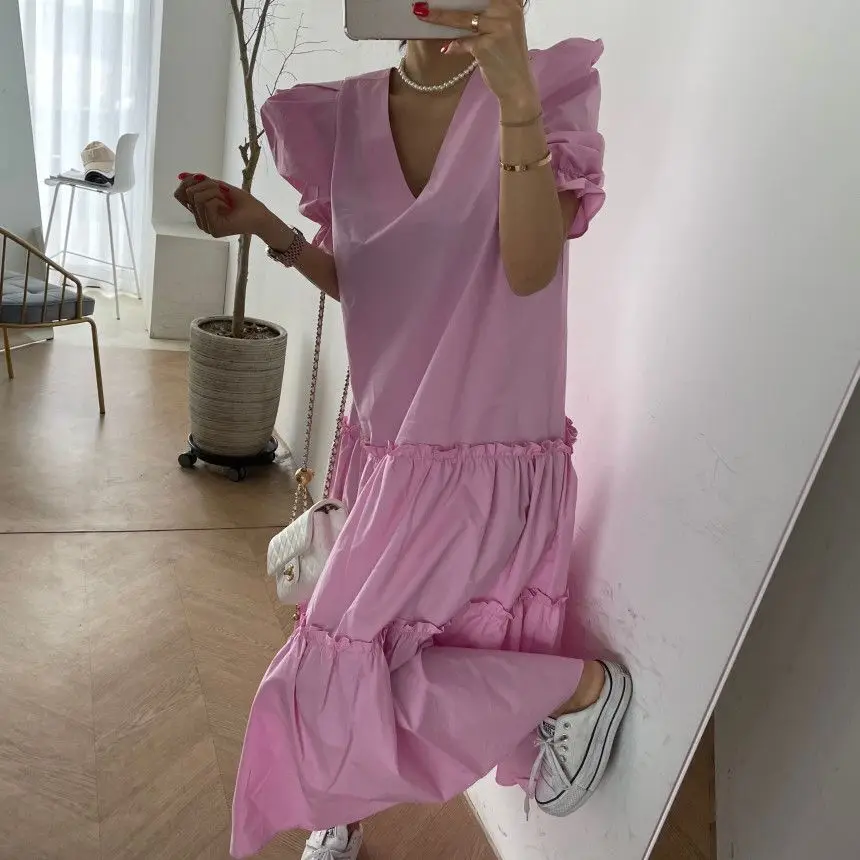 

Fashion Summer Dress Women Solid Cotton Bubble Sleeve V-Neck Party Dress for Women Elegant Loose Waist Dresses Vestido