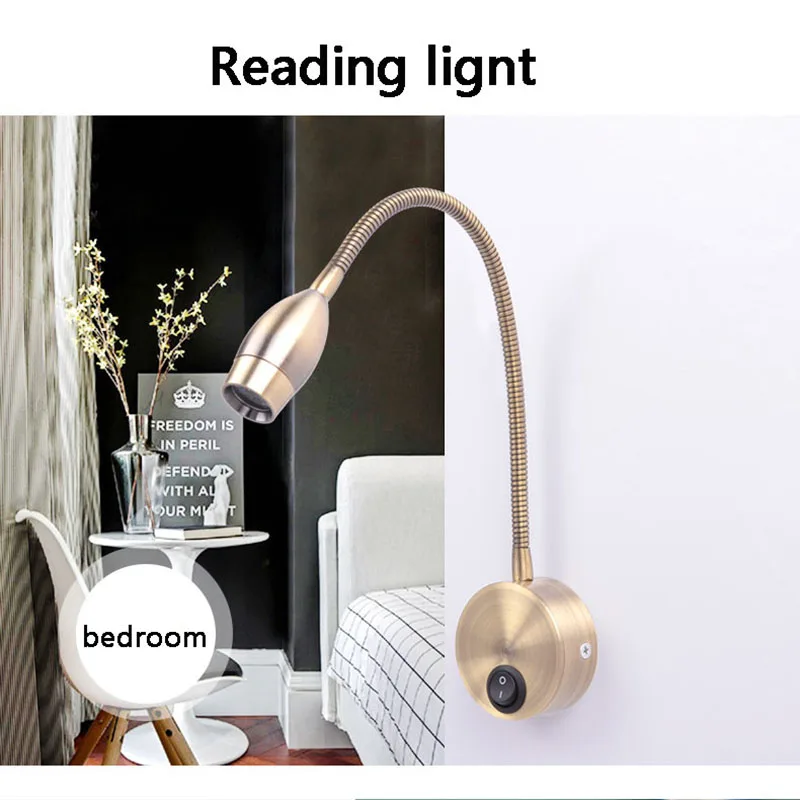 

Vintage Led Bronze Bedside Lamp Reading Lamp Wall Lamp led Modern Book Light Hose Flexible Spotlight 3W With On/Off AC 90V-260V