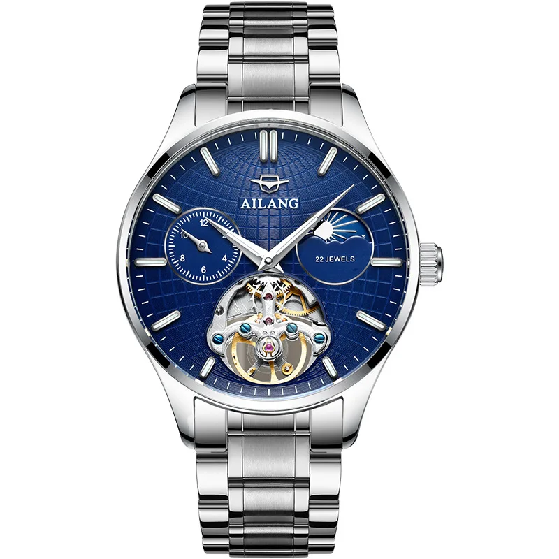 AILANG Men Waterproof Moon Phase Display Perspective Hollow Fully Automatic Mechanical Watch Pointer Tourbillon Stainless Steel