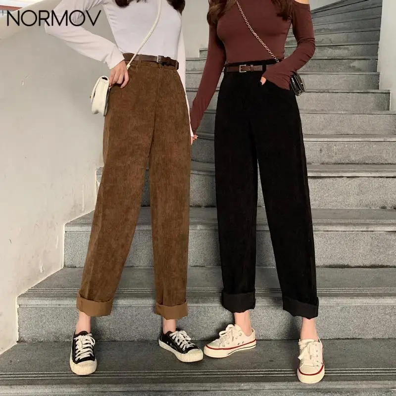 

NORMOV Women Corduroy Wide Leg Pants Autumn Loose High Waist Vintage Harem Pants Korean Casual Fashion Streetwear Trousers 2021