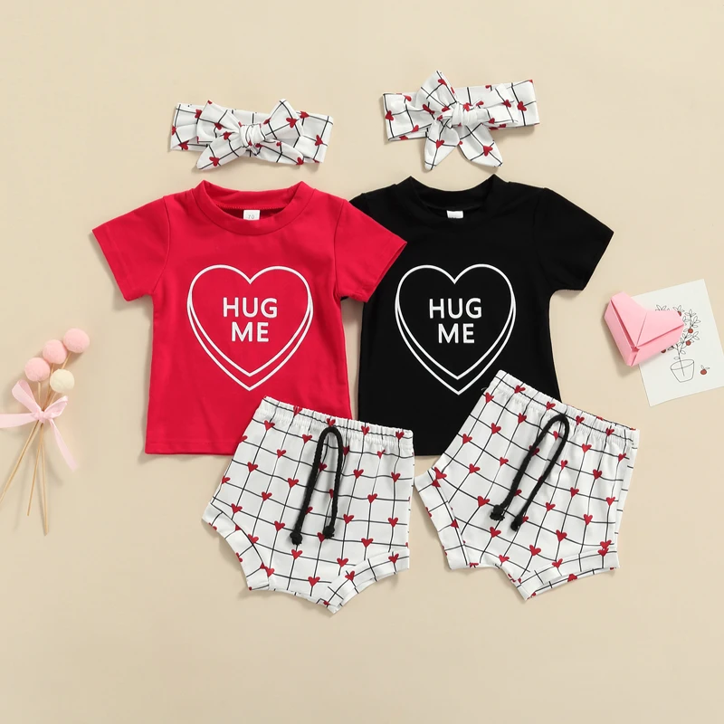 

0-3Y Lovely Summer Infant Baby Boys Girls Clothes Sets Solid Short Sleeve T-shirts Tops+Plaid Heart Print High Waist Shorts 3pcs