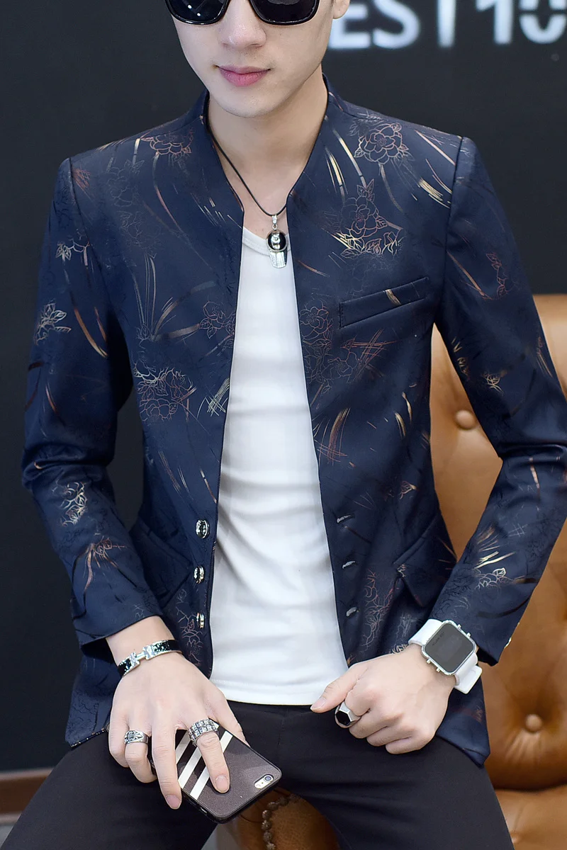 Мужской блейзер с цветочным принтом костюм китайским воротником куртка золотым