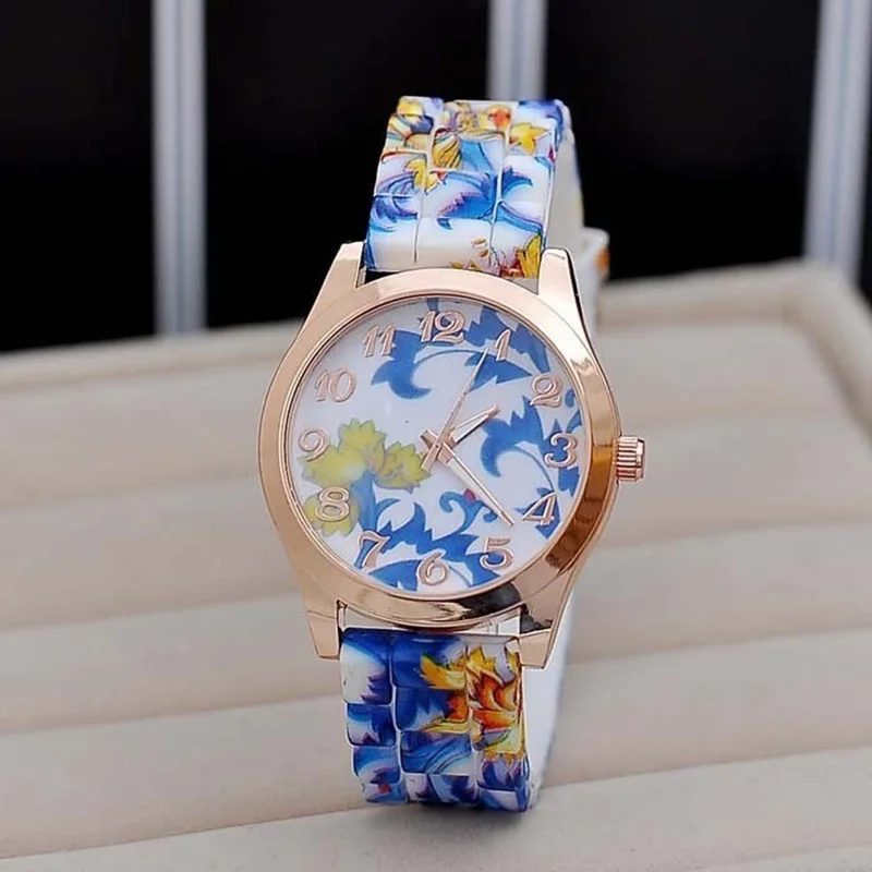 New Silicon Strap Watch Beautiful Flower Porcelain Design Wristwatch Women Students Girls LXH