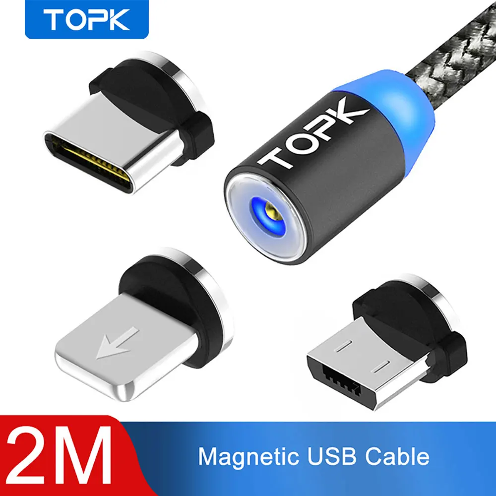 Магнитный светодиодный кабель TOPK AM17 2 м для iPhone X Micro USB Samsung Type C магнитные Кабели