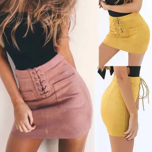

Short High Waist Woemn Leather Suede Pencil Skirts Bandage Solid Bandage Sexy Party Wear Mini Skirts Slim Outwear For Women