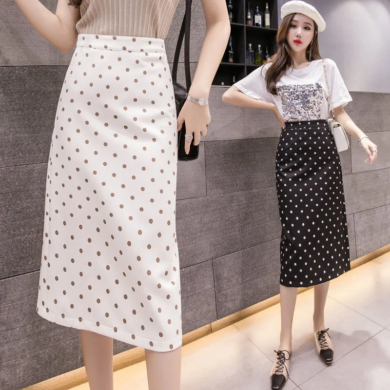 

2023 Spring Summer Women's Polka Dot Print Middle-Long Skirts Elastic High Waist Women A-Line Skirt Jupe Femme Faldas Saia Y387