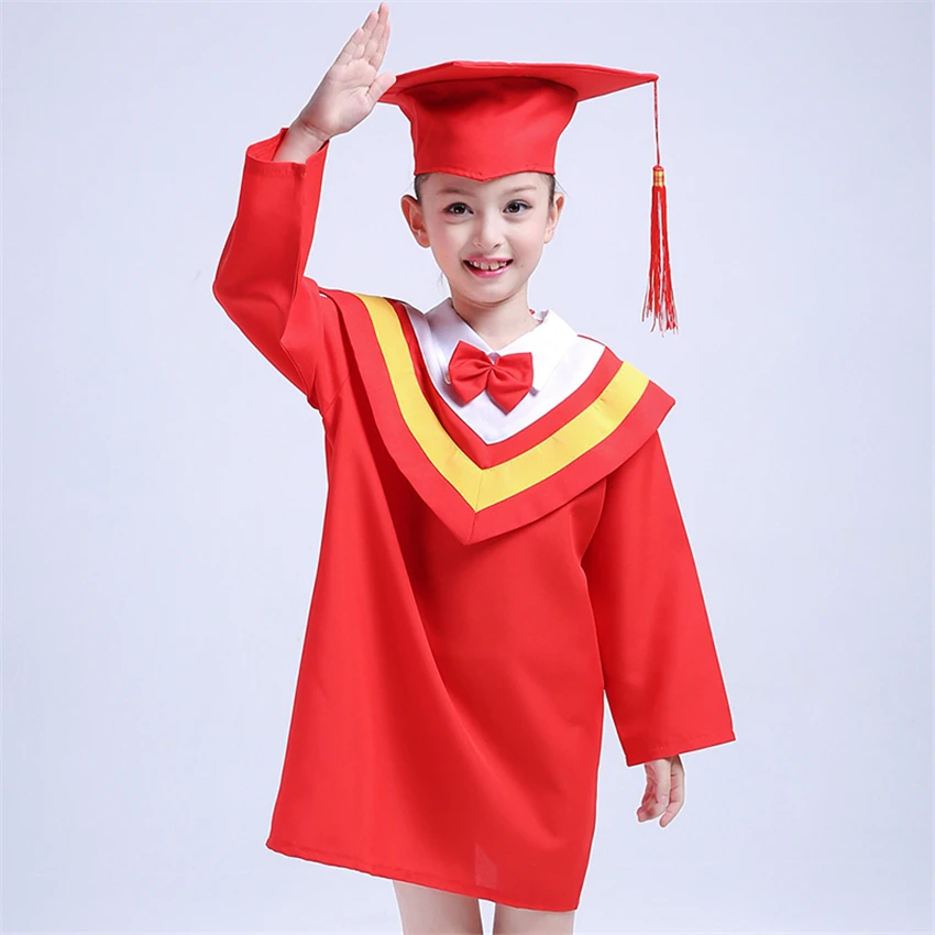 

110-160cm Children Academic Graduation Costumes Gown Students Bachelor School Uniforms Kids Bow Class Team Wear Robe with Cap