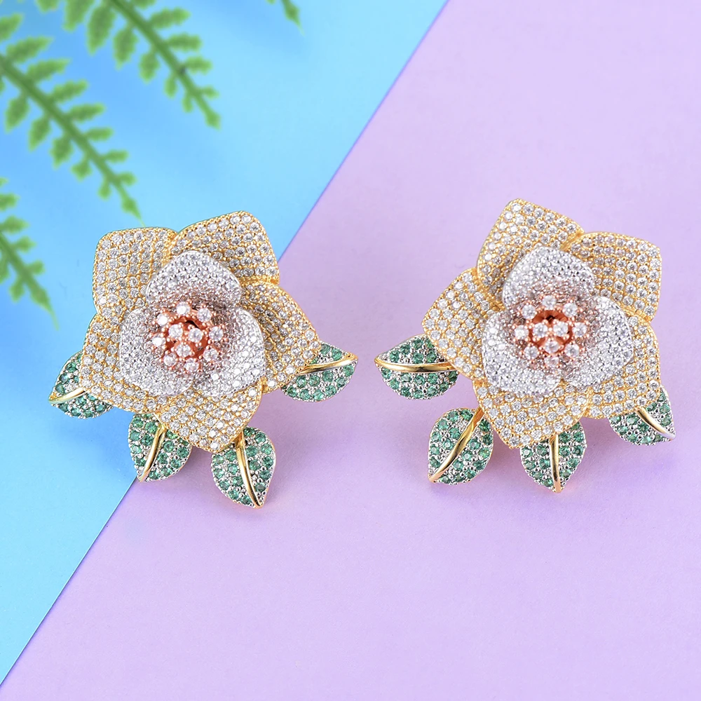 

KellyBola Luxury Flower Earrings For Women Statement Cubic Zirconia Stud Earrings Fashion Jewelry Aretes De Mujer Modernos