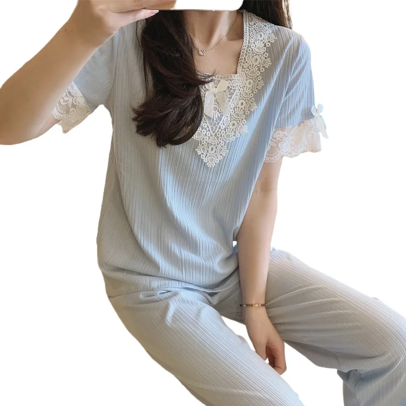 Pajamas Women's Summer Short Sleeve Trousers Lace Princess Sweet Cotton Sleepwear Loose Pit Strip Thin Home Suit Nightwear