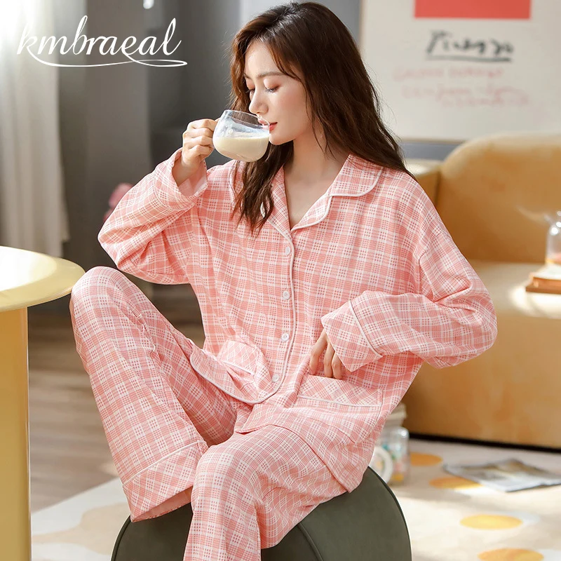 

Pajama for Wome Autumn and Spring Cotton Full Sleeve Soft Sleepwear Good Quality Grid Homewear Fashion Two Piece Plus Size M-2XL