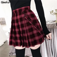 umeko fashion gothic vintage plaid mini skirt women suspender strap pleated a line skirts high waist casual plus size college