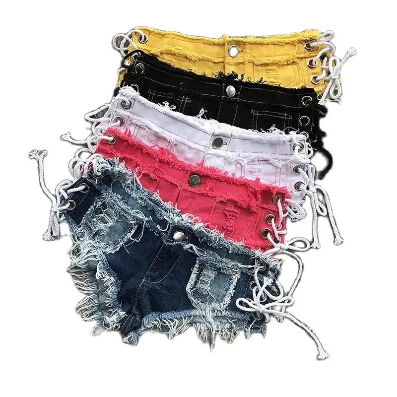Beachwear Sexy Denim Booty Shorts Lace Up Bandage Tassel Hole Micro Mini Macrame Short Jean Bikini Thong Beach Tanga Hot Pants | Женская
