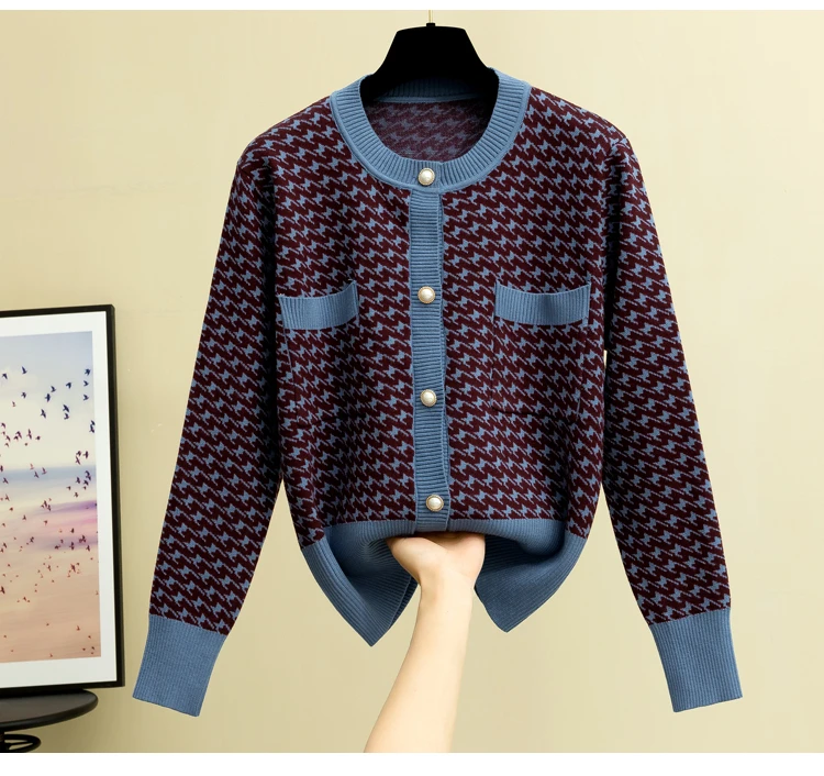 Элегантный однобортный клетчатый вязаный кардиган женский черный модный свитер