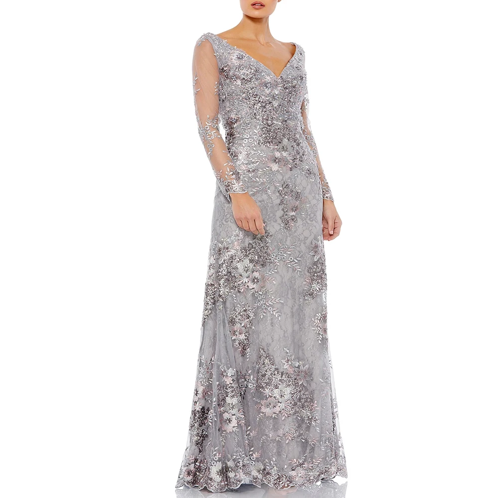

Luxury Embroidery Evening Dresses 2022 Sexy V Neck Lavender Mermaid Formal Prom Gowns for Women Long Sleeves