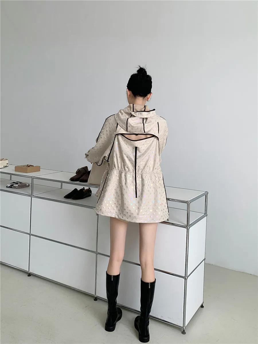 

CHEERART Flash Polka Dot Jackets For Women Hooded Beige Drawstring Backless Batwing Sleeve Designer Coat Sequin Jacket 2020