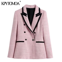 kpytomoa women 2021 fashion with piping patchwork tweed blazer coat vintage long sleeve welt pockets female outerwear chic veste