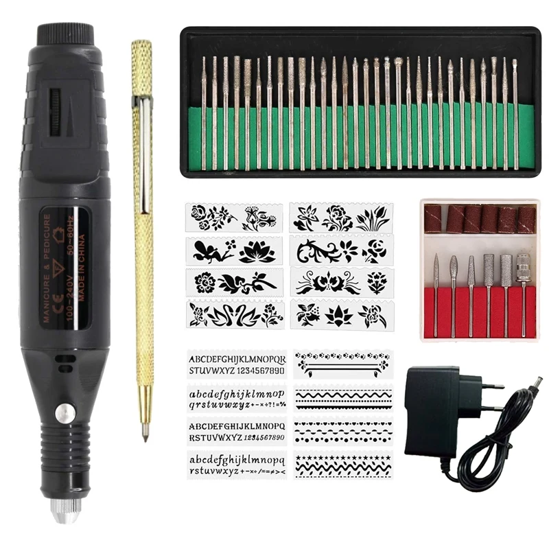 Electric Micro-Engraving Pen Mini Diy Engraving Tool Kit Metal Glass Ceramic Plastic Wood Jewelry with Stapler Etcher 30 Bit and