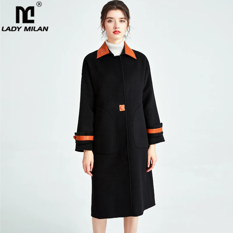 

Женское двойное кашемировое подиумное пальто с отложным воротником и длинными рукавами, кожаное лоскутное модное повседневное пальто боль...