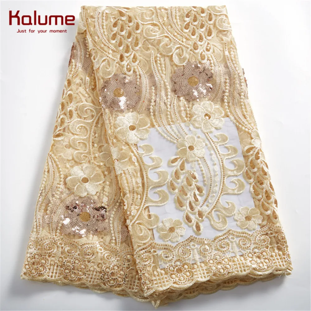 

Kalume African Tulle Lace Fabric 2021 High Quality Sequins French Milk Silk Fabric Tissue Nigerian Lace Fabric For Wedding H2427