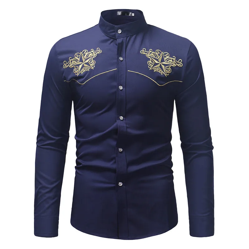 White Mandarin Collar Dress Shirt Men Embroidery Slim Fit Long Sleeve Mens Casual Shirts Wedding Party Prom for Male |