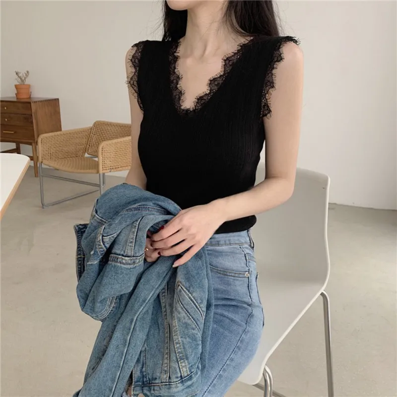 

Summer Women Lace Stitching Tank Tops Slim Knit Camisole Gray Blue One Size Vest