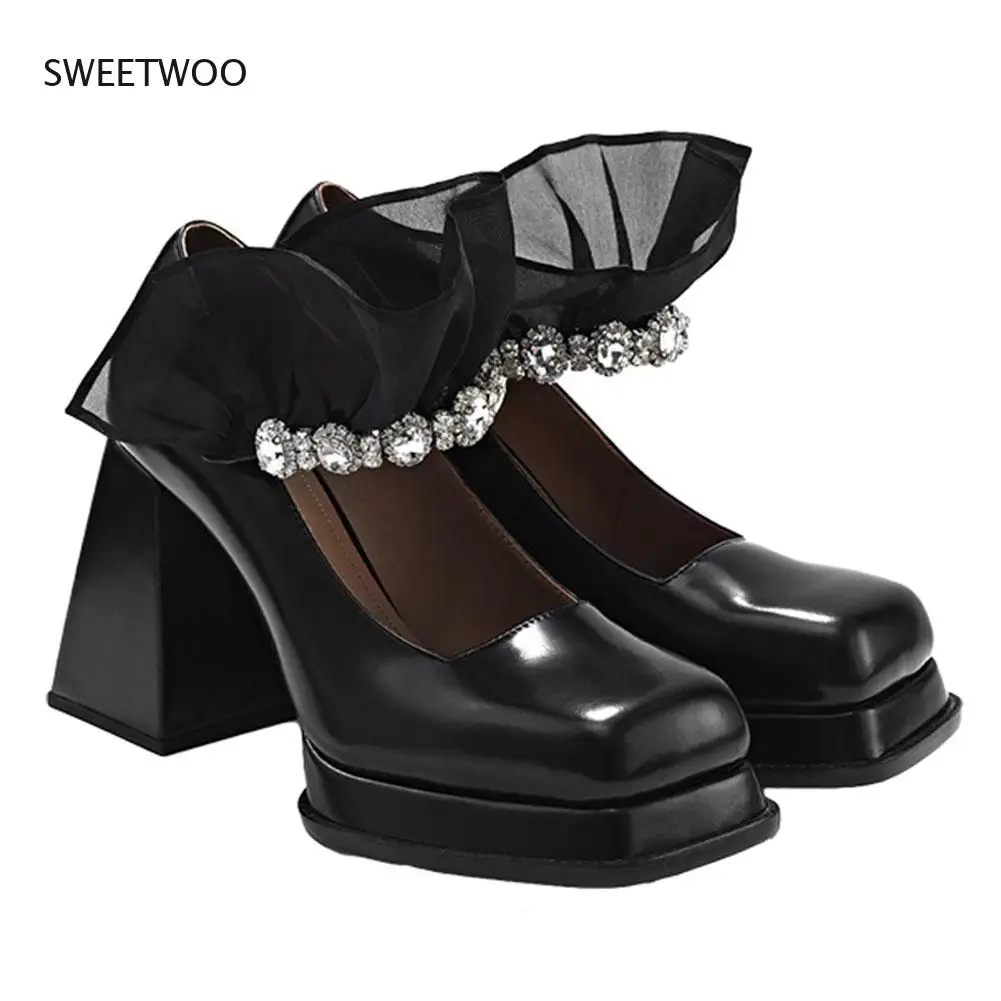 

Sweet Leather Chunky High Heel Brand New Great Quality Patent Gothic Style Lolita Black Crystals Shoes Women Mary Jane Footwear