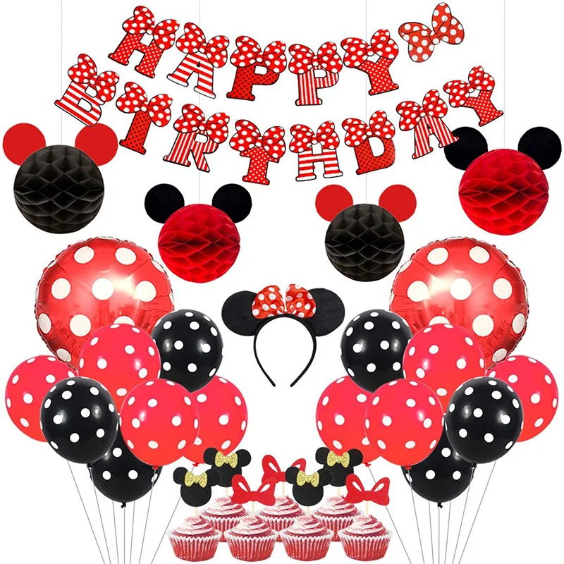 

40Pcs Minnie Mouse Themed Party Supplies Birthday Decorations Red And Black For Girls Ear Headband Banner For Birthday set