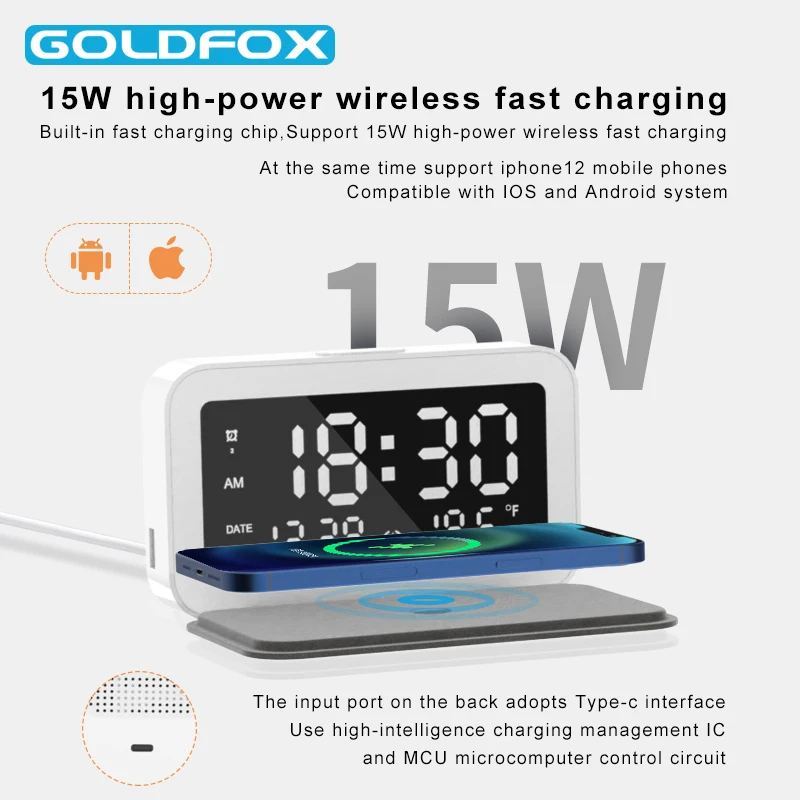

Беспроводное зарядное устройство для iPhone 12, 11 Pro Max, 15 Вт, быстрая Беспроводная зарядка, настольный светодиодный Электрический будильник с ин...