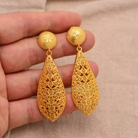 24k fashion earrings for women yellow gold color rarrings vintage long drops round hollow jewelry ethnic wide female earrings