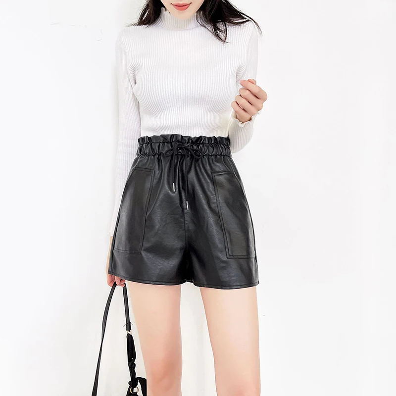 

Women's PU Faux Leather Wide Leg Short Pants Black High Waist Oversize Shorts Fashion Casual Korean Style Woman Clothing