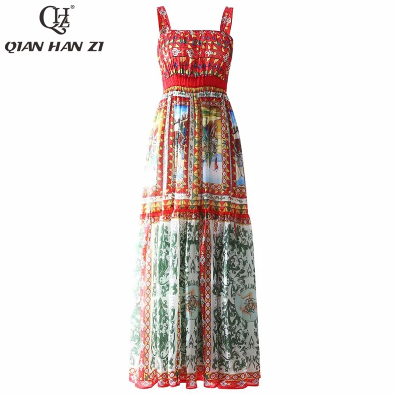 Qian Han Zi Summer Fashion Runway Maxi Dress Spaghetti Strap print Holiday Elastic waist beach Boho long Dress women elegance